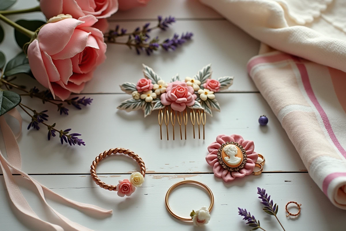 Flat-lay d'accessoires et bijoux style guinguette femme sur table en bois vintage avec broderie et dorures