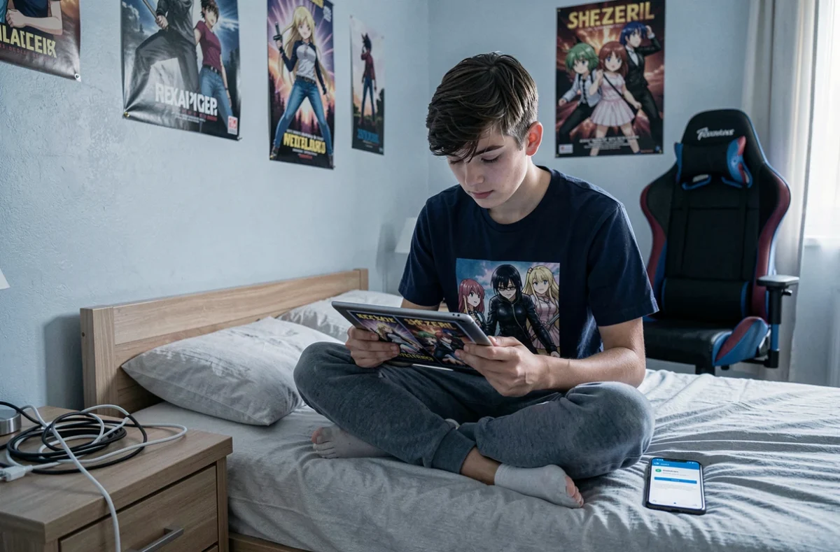 Adolescent lisant des mangas sur tablette avec une notification d'autorisation suspecte visible sur son téléphone