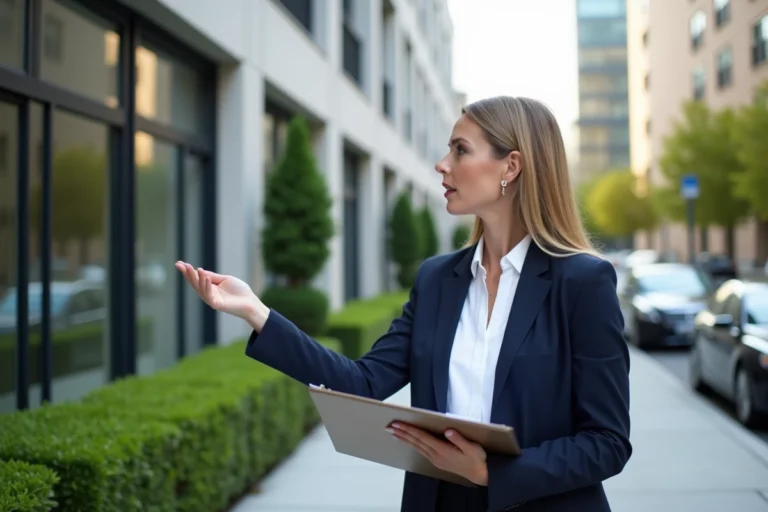Agent immobilière professionnelle devant un immeuble moderne présentant un bien immobilier à vendre dans un quartier urbain
