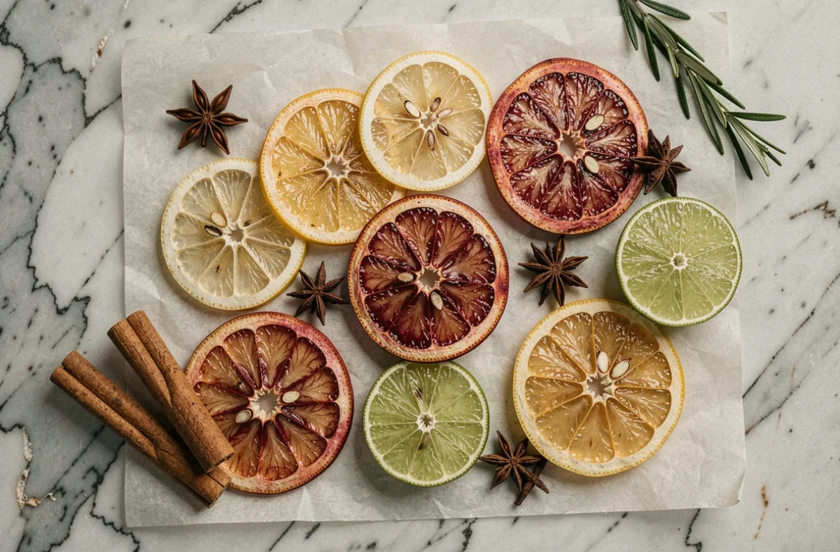 Vue de dessus de rondelles de citrons et agrumes séchés sur du papier parchemin avec épices