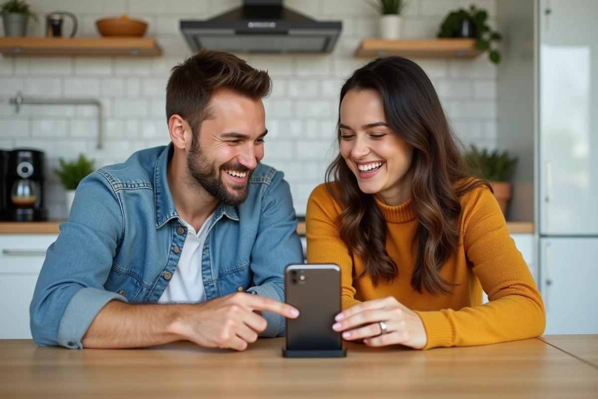 Deux amis adultes partageant des astuces pour les événements Monopoly Go autour d'un smartphone dans une cuisine moderne