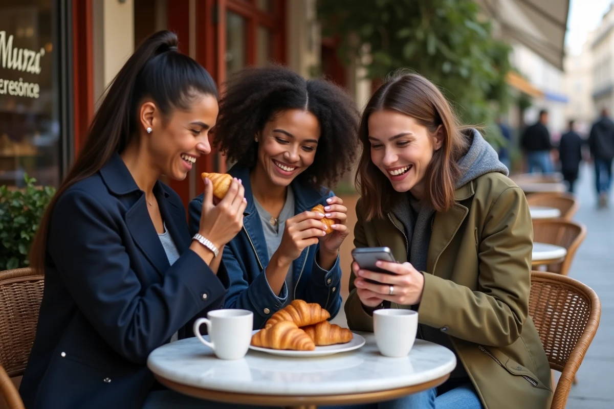 Groupe d'amis partageant des bons plans sur smartphone à la terrasse d'un café parisien traditionnel