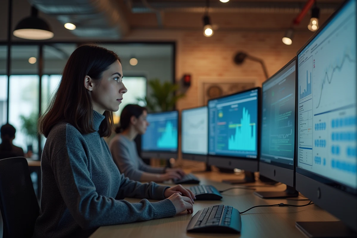Développeuse analysant les tableaux de bord de services numériques innovants de Cyber Huge dans un espace de travail moderne