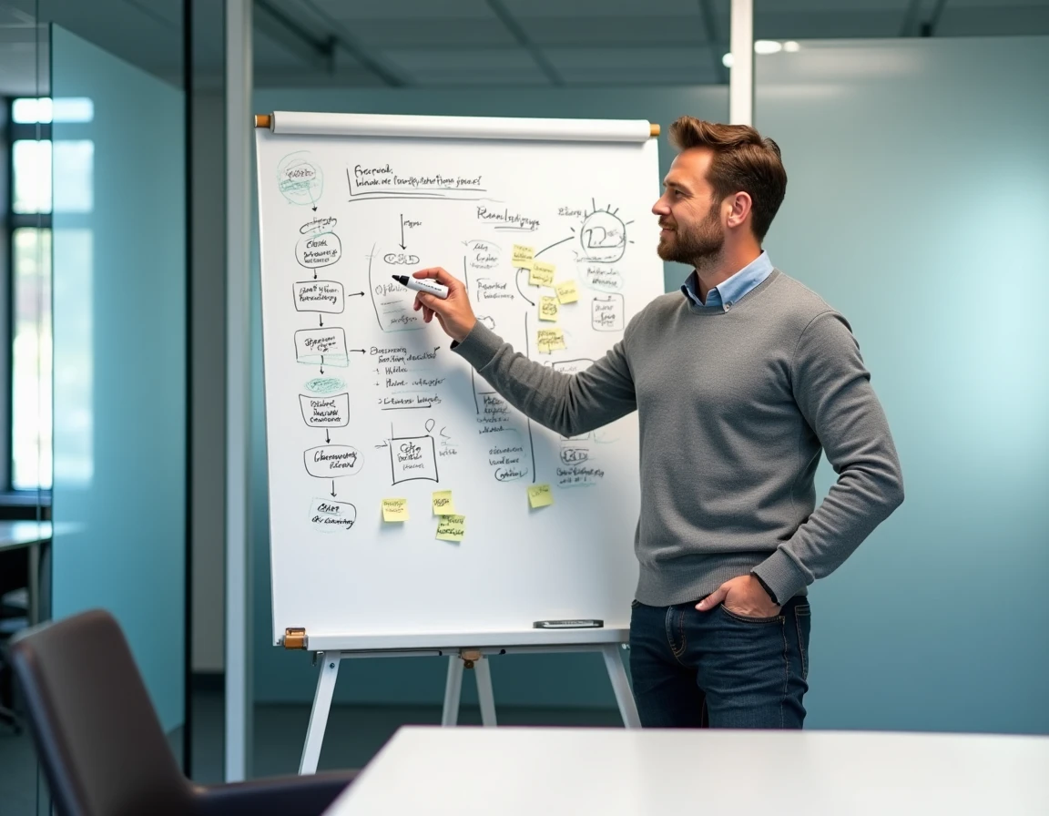 Chef d'entreprise présentant une stratégie de développement commercial sur un tableau blanc en réunion