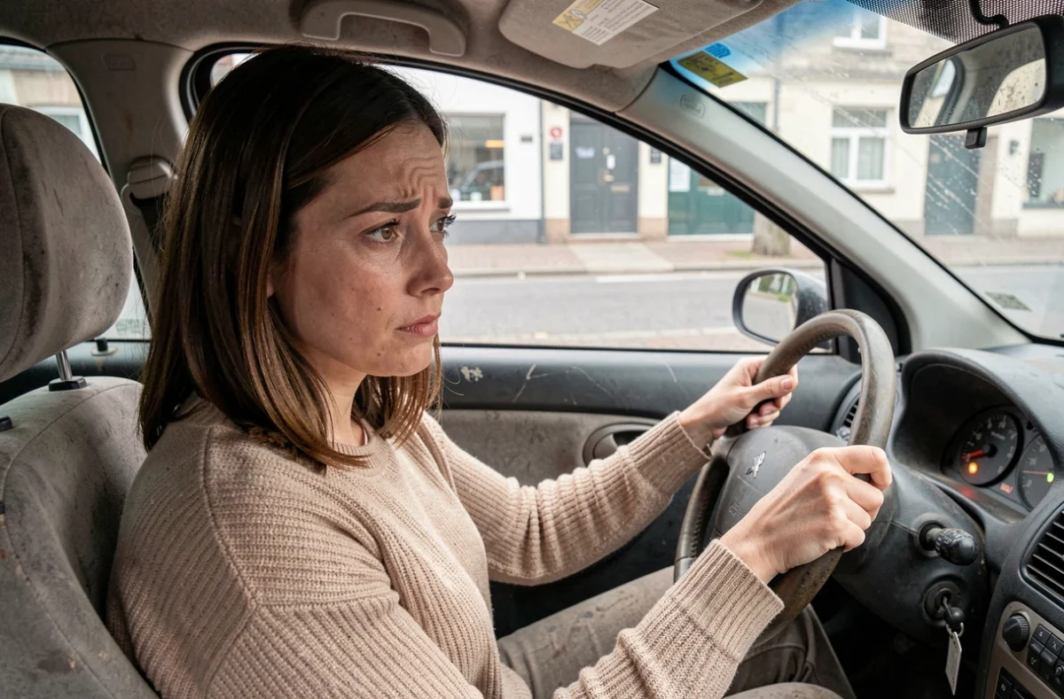 Conductrice regardant un voyant moteur allumé sur le tableau de bord de sa Peugeot 206