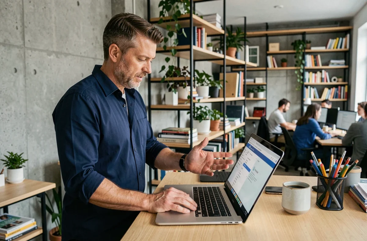 Homme en chemise bleue consultant l'interface d'un site web professionnel dans un espace de coworking