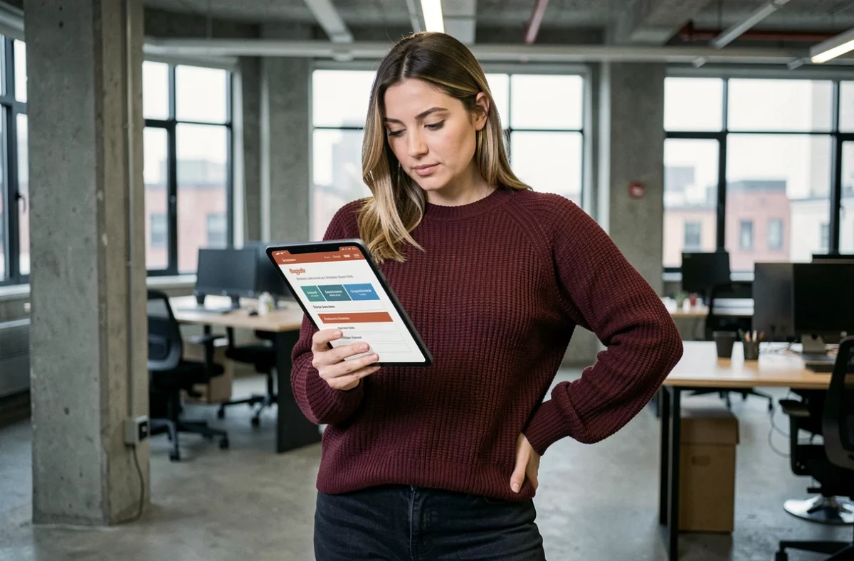 Femme consultant le plan de site d'une boutique fashion sur une tablette dans un espace de coworking moderne