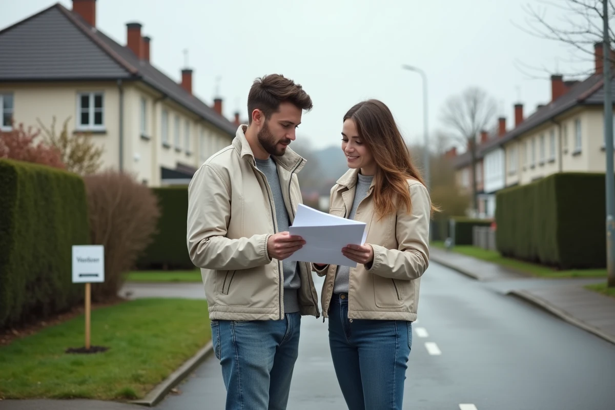 Un couple d'acquéreurs examine des documents de zonage devant une maison à vendre dans un quartier résidentiel pavillonnaire