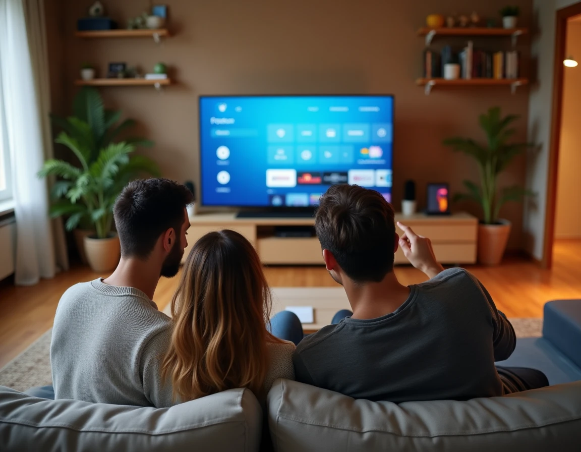 Couple regardant l'interface Freebox sur leur télévision dans un salon cosy