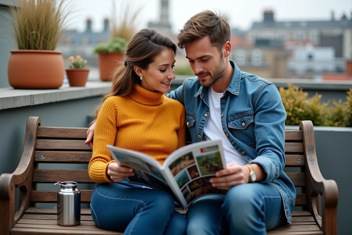 Couple feuilletant un magazine lifestyle famille sur une terrasse urbaine en automne avec vue sur les toits de la ville