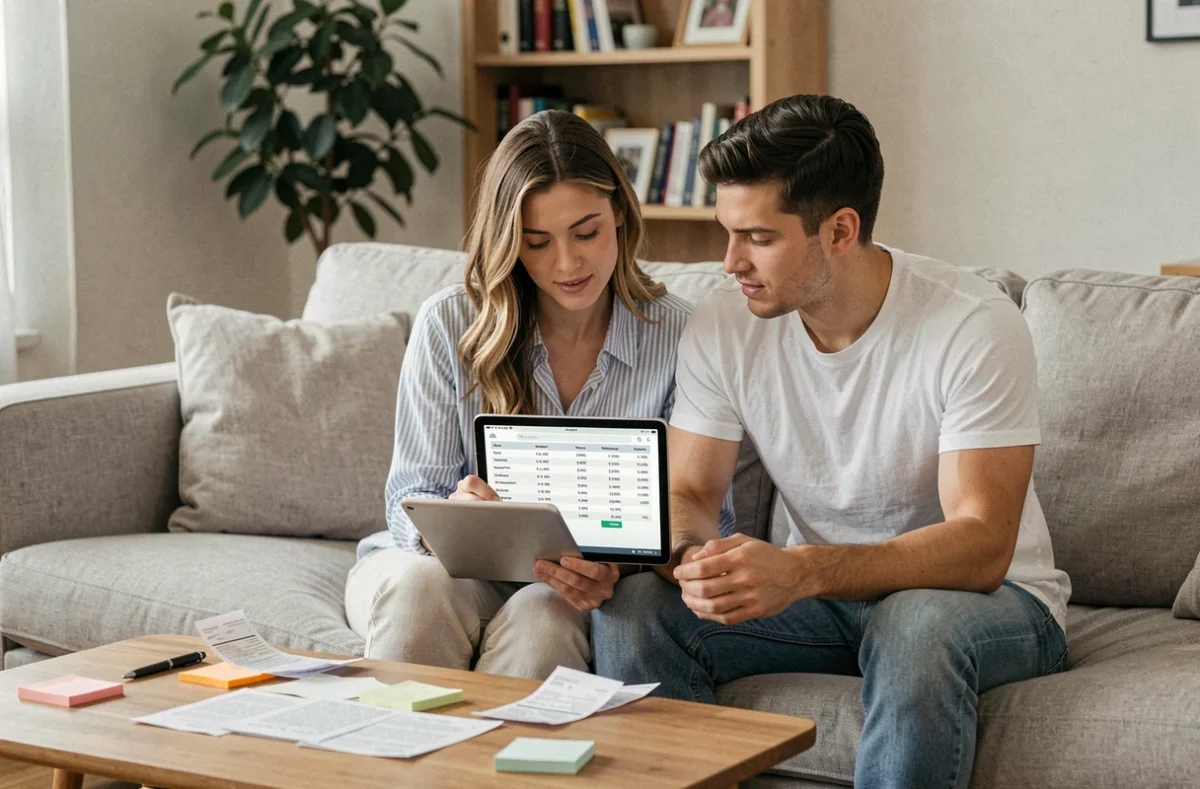 Couple planifiant ensemble leur budget mensuel sur une tablette dans un salon confortable avec des reçus et des notes