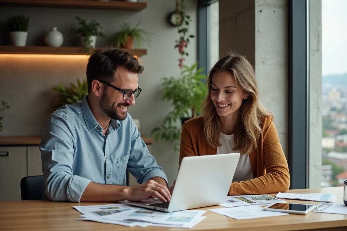 Couple analysant des offres immobilières sur ordinateur portable à la maison pour préparer un achat immobilier