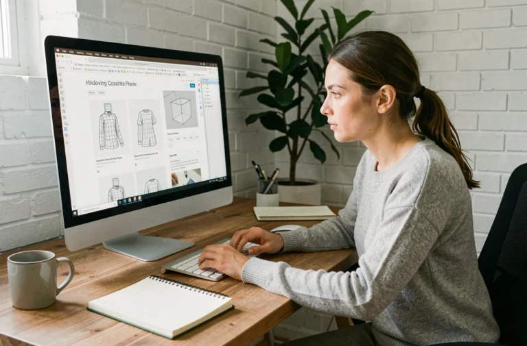 Femme en pull gris travaillant sur la conception d'un site web professionnel dans un bureau à domicile moderne