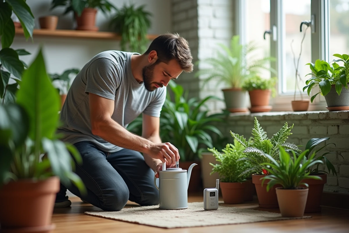 Homme préparant une solution chlorée diluée pour arroser ses plantes d'intérieur dans un appartement lumineux