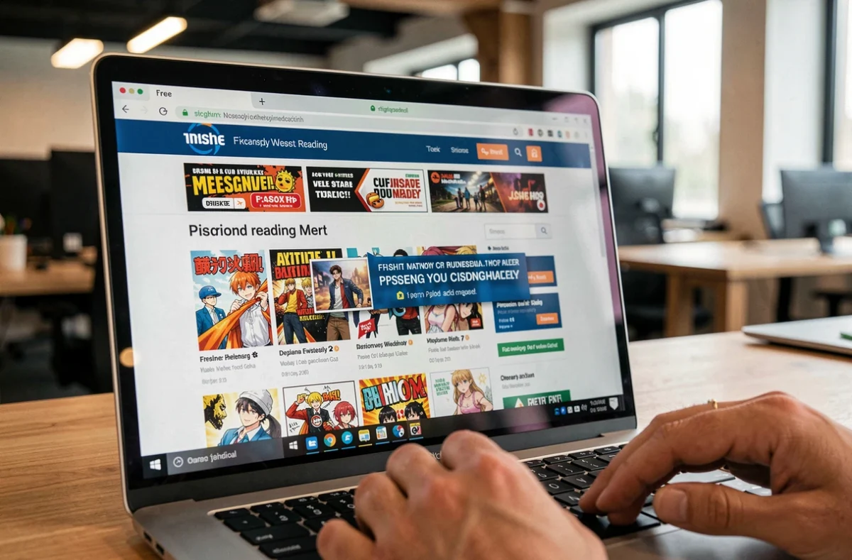 Écran d'ordinateur affichant un site de manga gratuit avec des pop-ups intrusifs et une alerte de phishing