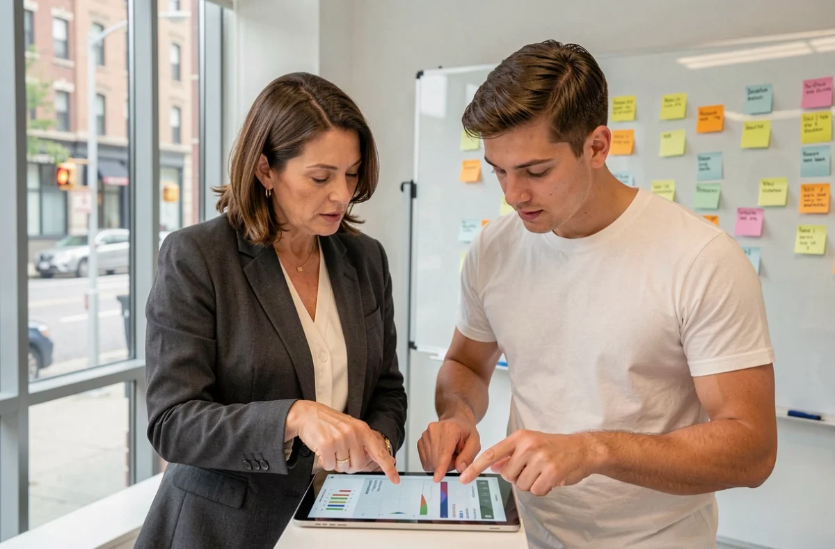 Deux professionnels collaborant sur une stratégie de création de site web avec une tablette en salle de réunion