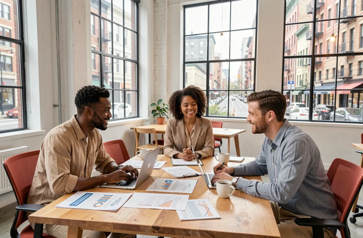 Équipe de petite entreprise collaborant autour d'une table de réunion dans un espace de coworking moderne