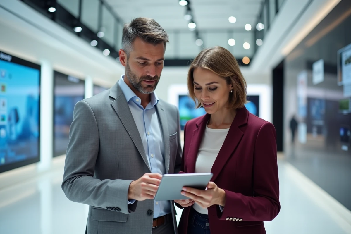 Deux experts en technologie discutant des services innovants de Cyber Huge sur une tablette dans un showroom numérique