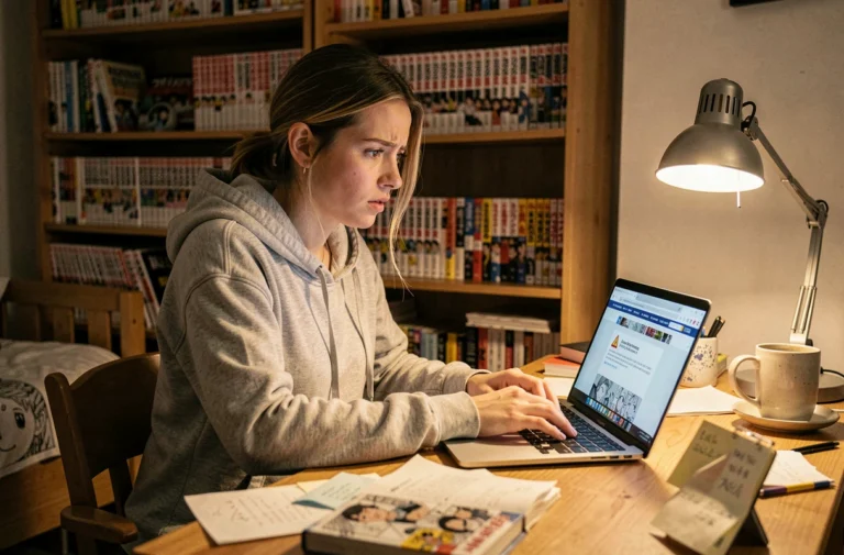 Jeune femme inquiète face à un avertissement de sécurité sur un site de lecture de mangas en ligne