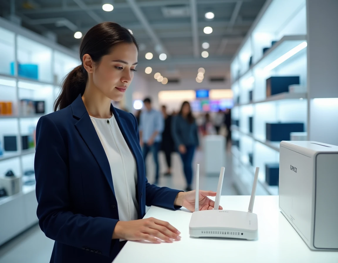 Femme examinant un kit fibre Free dans une boutique de téléphonie moderne
