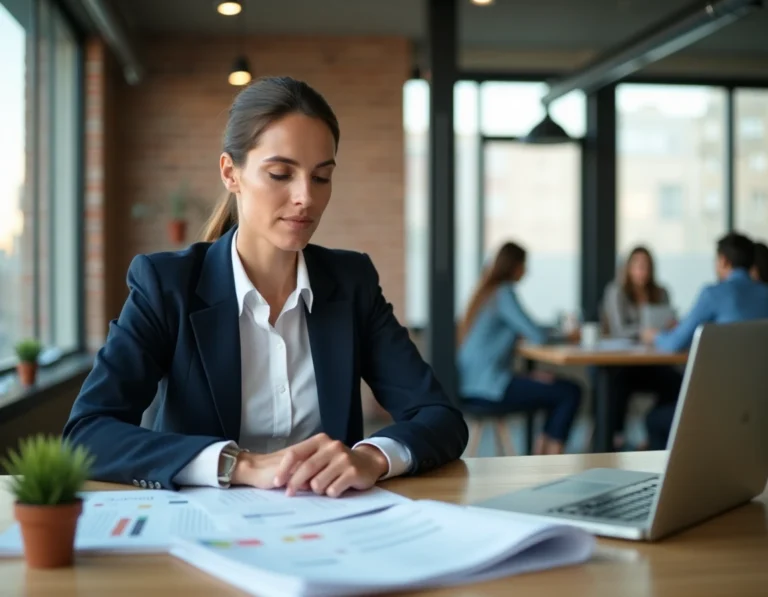 Femme entrepreneur concentrée révisant un plan d'affaires dans un espace de coworking moderne en 2024