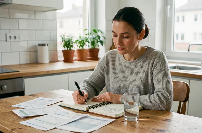 Femme gérant son budget personnel avec des relevés bancaires et un carnet de notes sur une table en bois dans une cuisine moderne