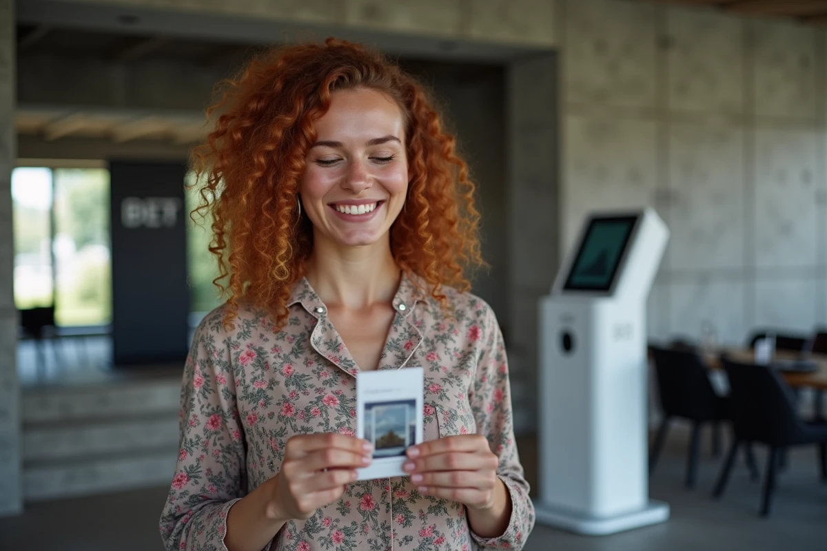 Femme tenant une planche de photos imprimée par un photobooth Kruu lors d'un événement d'entreprise