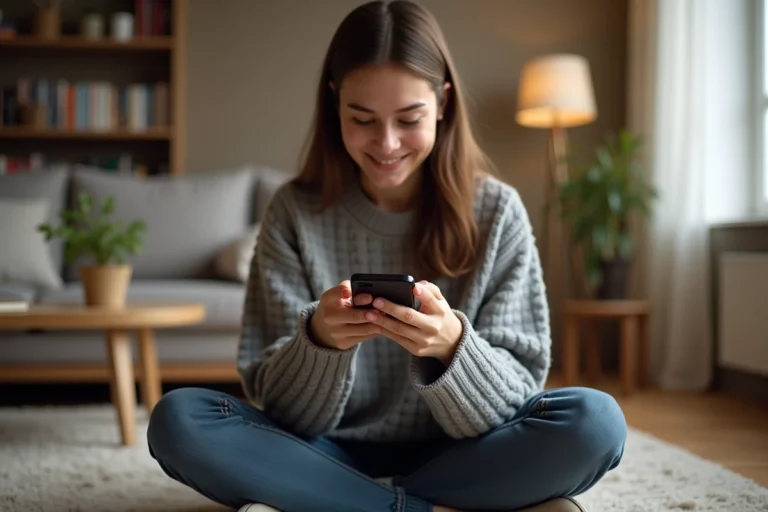 Jeune femme jouant à Monopoly Go sur smartphone dans un salon moderne, concentrée sur un mini-jeu mobile