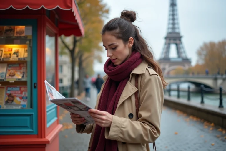Femme parisienne feuilletant un magazine à un kiosque près de la Seine avec la Tour Eiffel en arrière-plan en automne