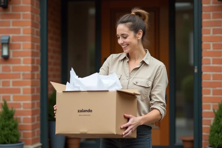 Jeune femme ouvrant un colis Zalando devant sa porte d'entrée avec un sourire satisfait