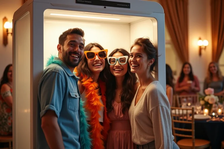 Groupe d'adultes joyeux posant dans un photobooth lors d'une réception de mariage avec accessoires colorés