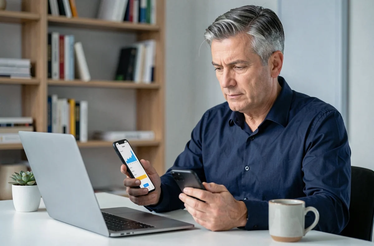 Homme consultant une application de finances personnelles sur ordinateur portable dans un bureau à domicile organisé