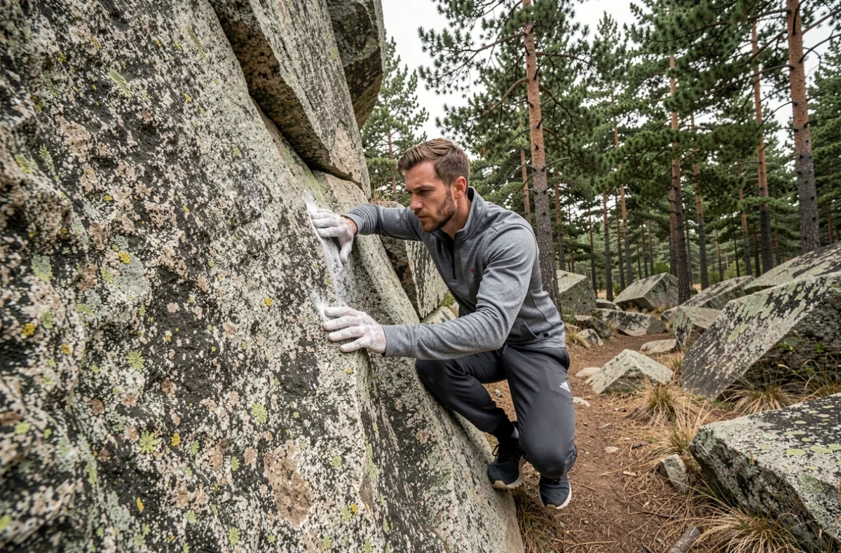 Homme pratiquant le bouldering en pleine nature sur un rocher granitique, activité outdoor tendance pour hommes