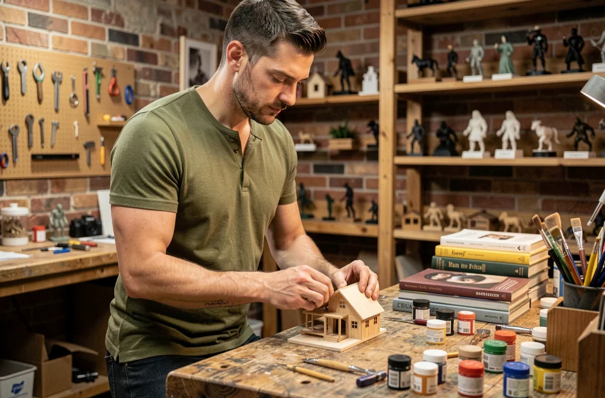 Homme passionné assemblant un modèle réduit en bois dans un atelier artisanal, loisir tendance pour hommes