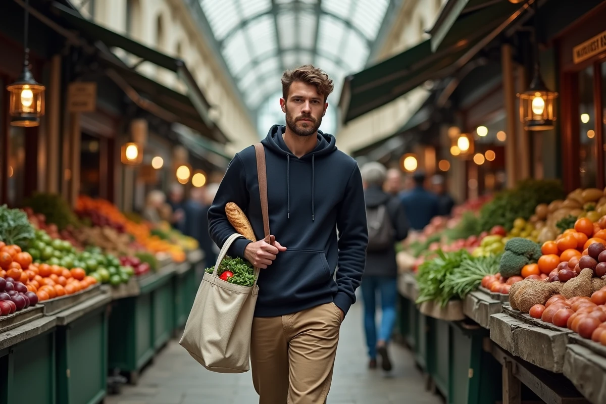 Jeune homme parisien faisant ses courses dans un marché couvert historique de Paris avec des produits frais locaux