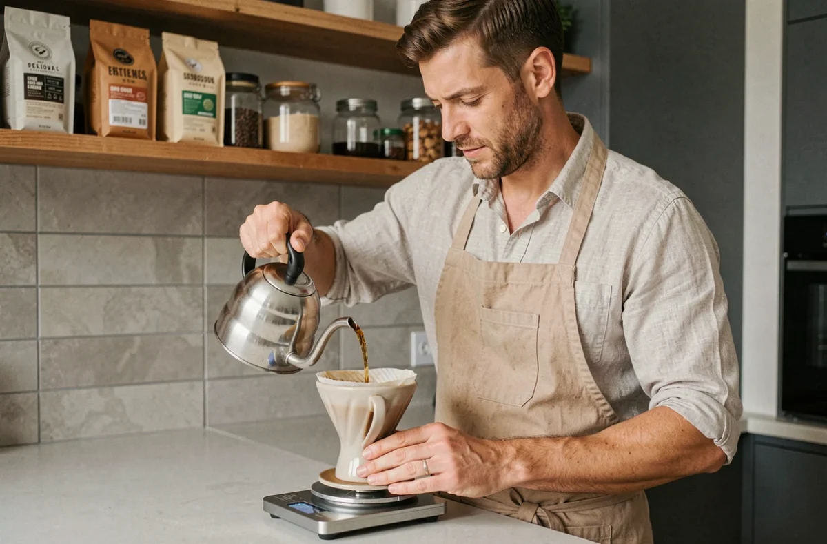 Homme préparant un café en infusion lente dans une cuisine moderne, loisir café tendance pour hommes urbains