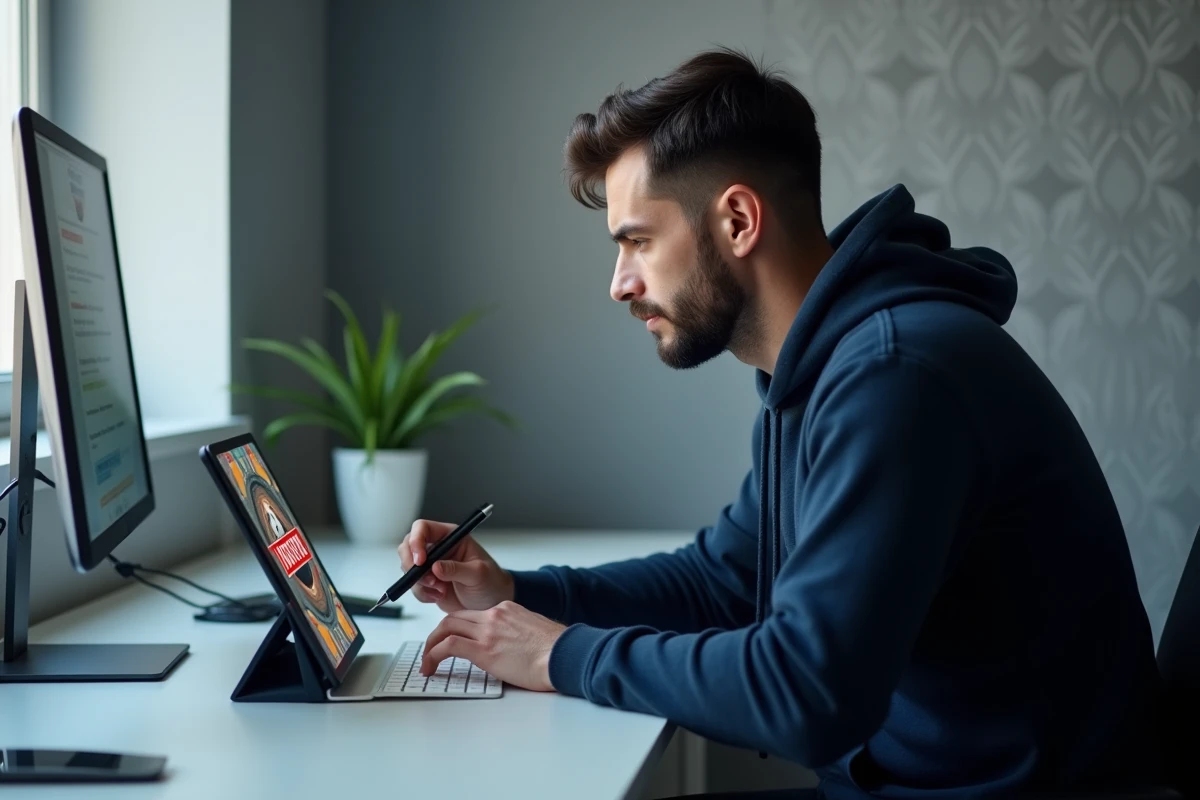 Homme adulte analysant des stratégies de mini-jeux Monopoly Go sur une tablette dans un bureau à domicile minimaliste