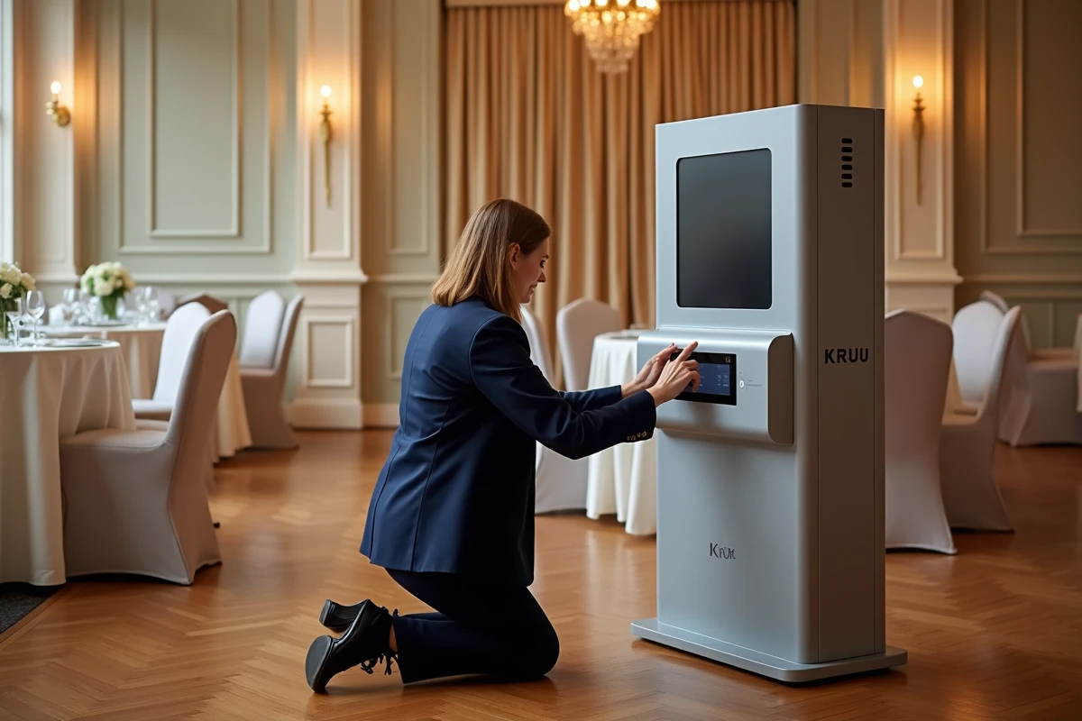 Coordinatrice événementielle configurant un terminal photobooth Kruu dans une salle de réception élégante