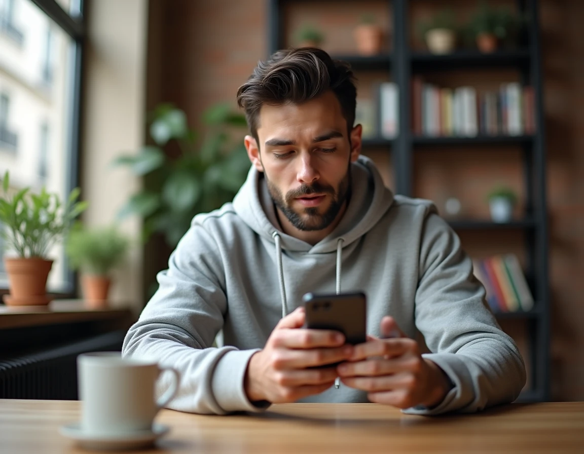 Jeune homme consultant les nouveautés Free sur son smartphone dans un appartement moderne à Paris