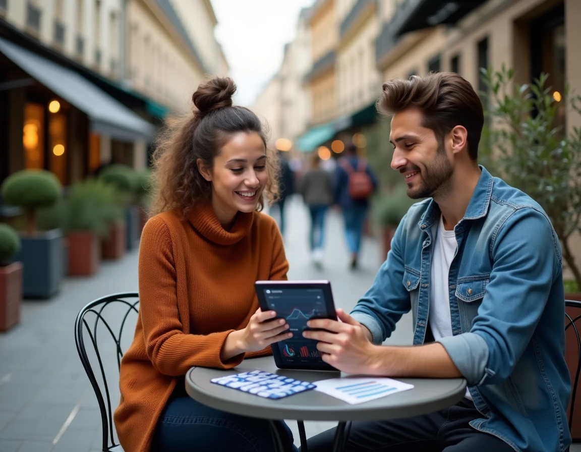 Deux jeunes entrepreneurs discutant de la croissance de leur business autour d'une tablette en terrasse urbaine