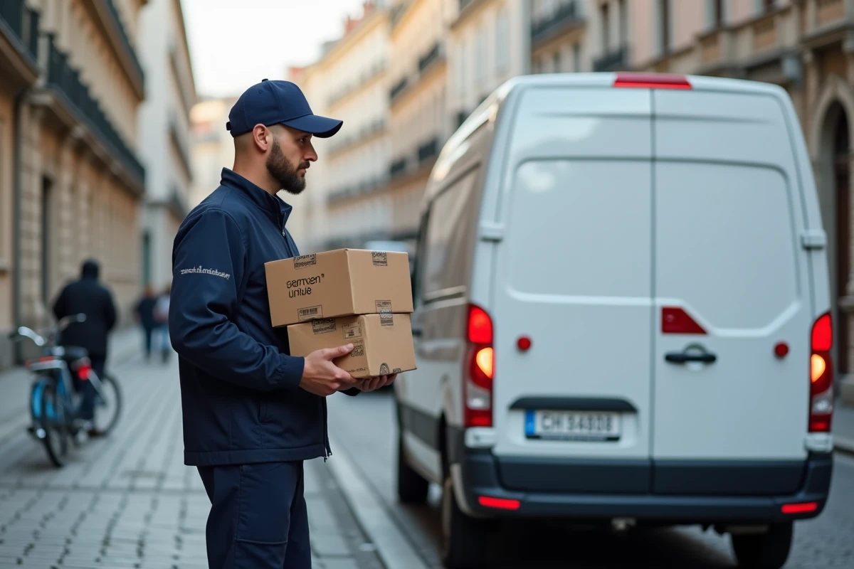 Livreur en uniforme scannant un colis devant son camion de livraison en milieu urbain