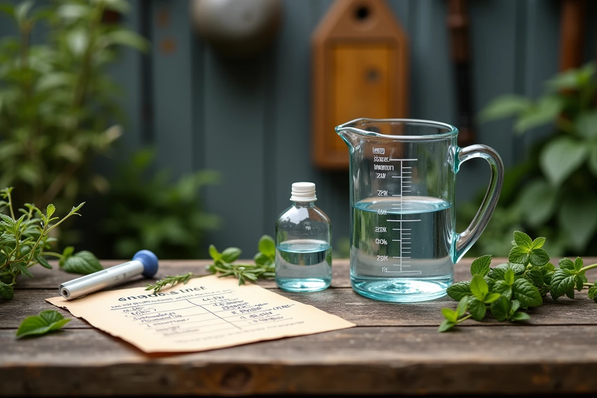 Vue à plat du matériel de dosage du chlore pour l'arrosage des plantes avec verre doseur, pipette et tableau de dilution