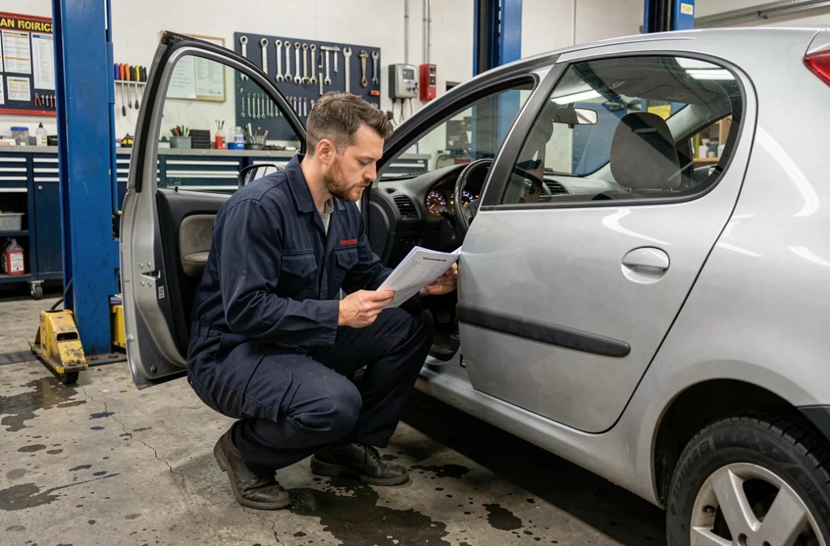 Mécanicien inspectant les voyants du tableau de bord d'une Peugeot 206 dans un garage automobile