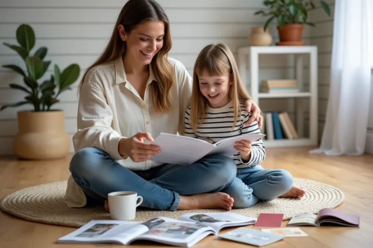 Mère et fille feuilletant ensemble un magazine lifestyle famille sur un parquet en bois clair dans un salon scandinave chaleureux
