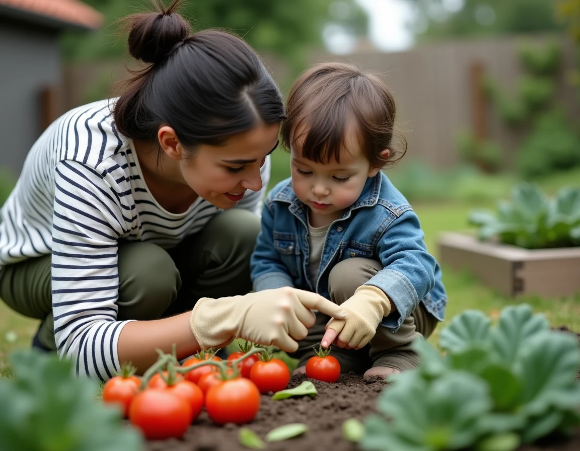 Mère et fils découvrant ensemble des tomates mûres dans le potager familial, moment de complicité et d'apprentissage au jardin