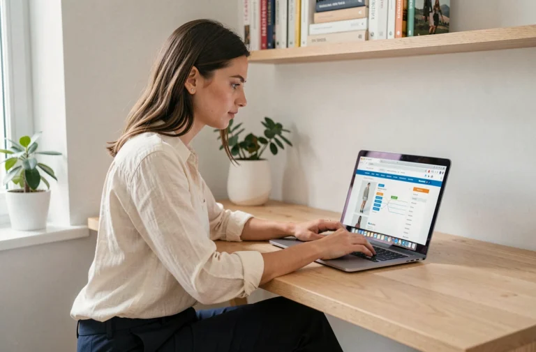 Jeune femme naviguant sur le plan de site d'une boutique de mode en ligne depuis un bureau minimaliste en bois