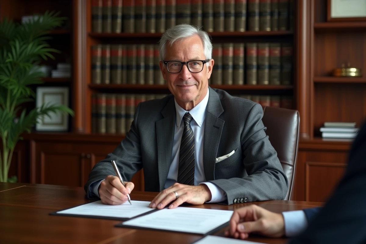 Notaire signant des documents officiels lors d'une transaction immobilière dans un bureau professionnel