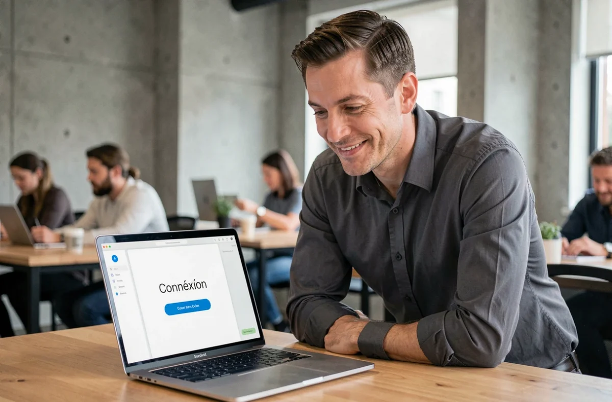 Professionnel masculin optimisant sa connexion sur la plateforme Artisan en un clic depuis un espace de coworking moderne