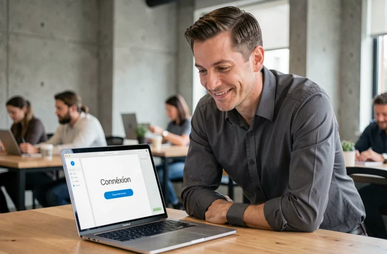 Professionnel masculin optimisant sa connexion sur la plateforme Artisan en un clic depuis un espace de coworking moderne