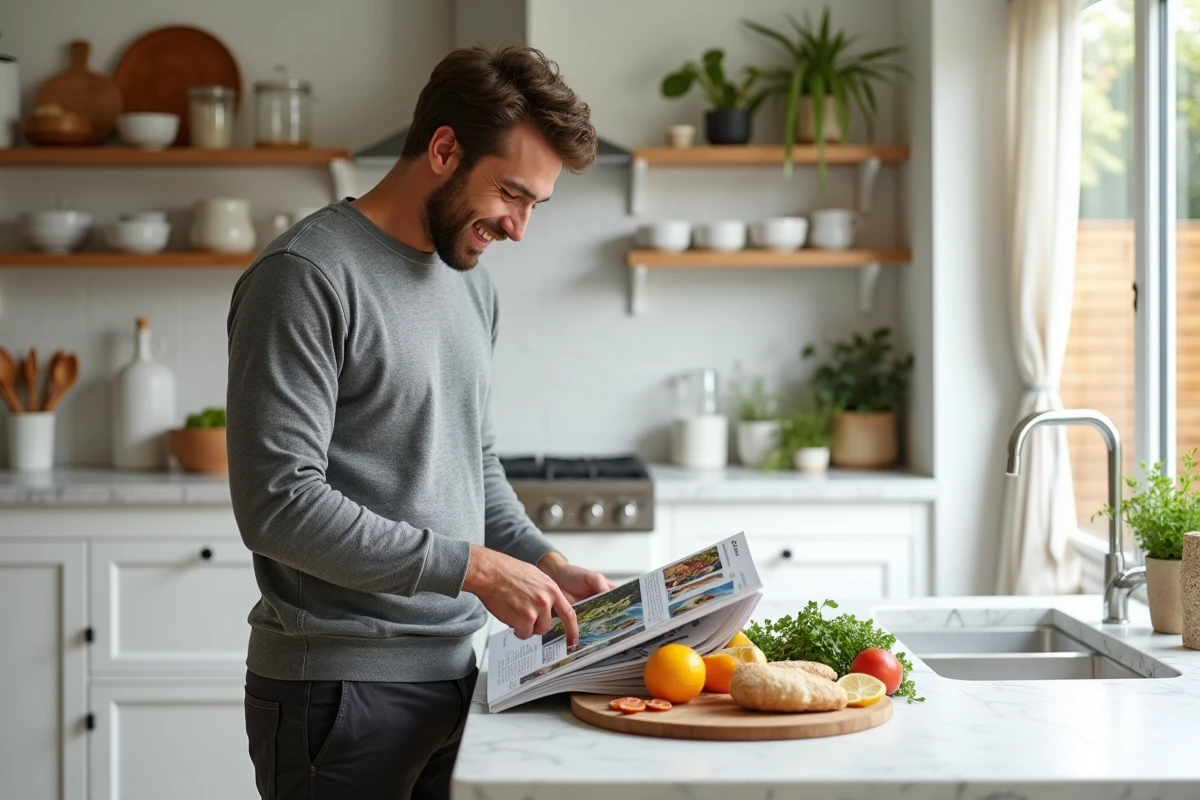 Père préparant un brunch familial dans une cuisine moderne en feuilletant un magazine lifestyle posé sur un plan de travail en marbre